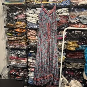 Teal multi colored Spaghetti Strap Resort Sundress Maxi